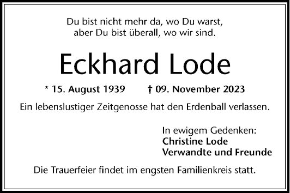  Traueranzeige für Eckhard Lode vom 25.11.2023 aus Mannheimer Morgen