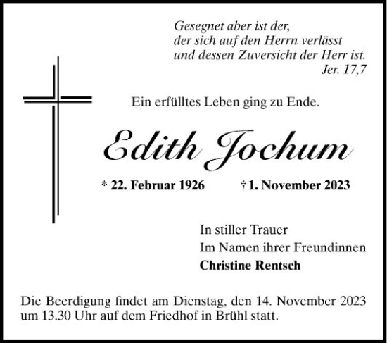 Traueranzeige von Edith Jochum von Schwetzinger Zeitung