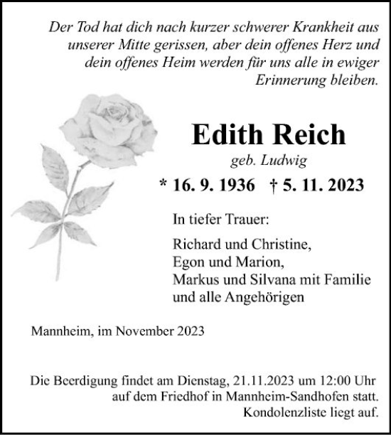 Traueranzeige von Edith Reich von Mannheimer Morgen