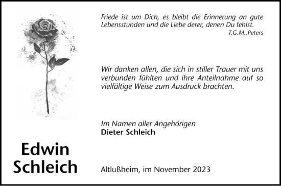 Traueranzeige von Edwin Schleich von Schwetzinger Zeitung