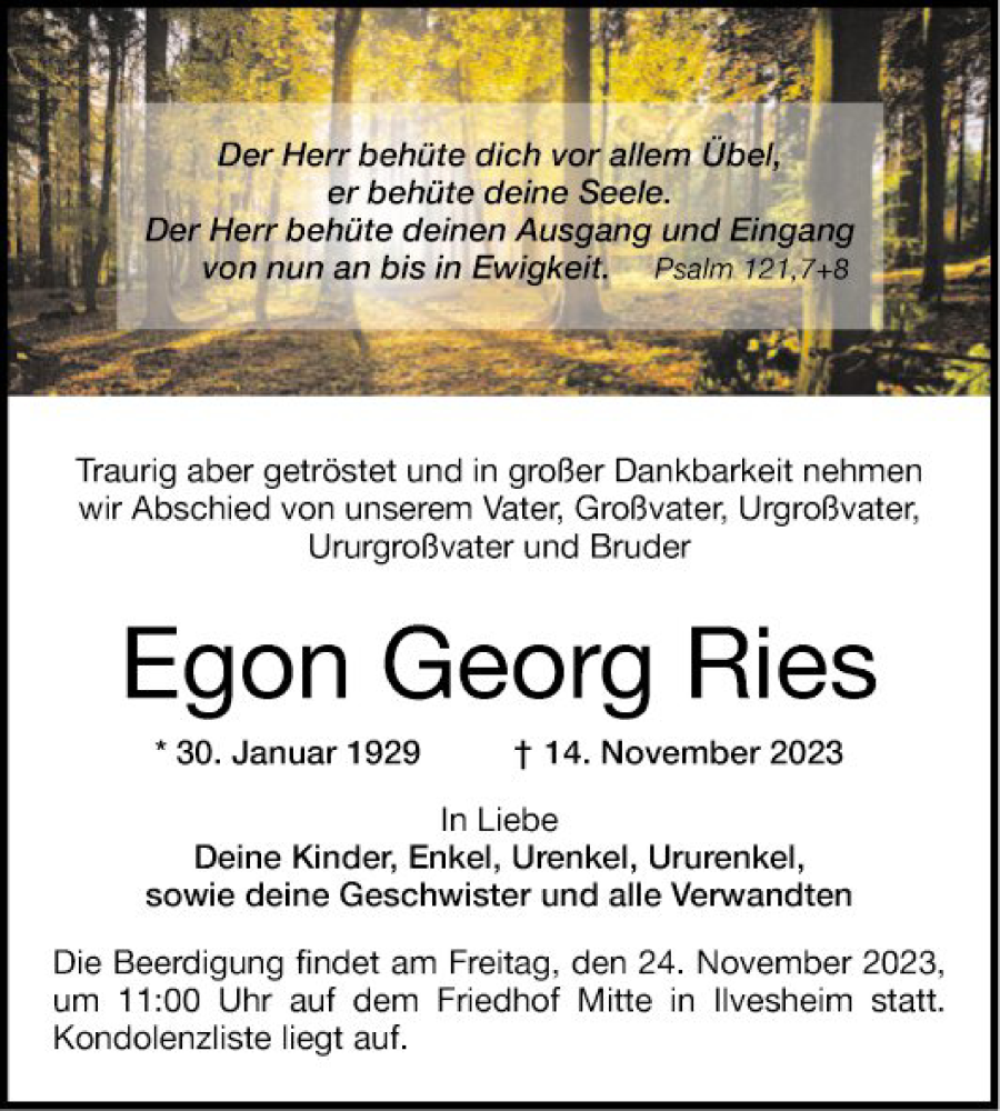  Traueranzeige für Egon Georg Ries vom 18.11.2023 aus Mannheimer Morgen