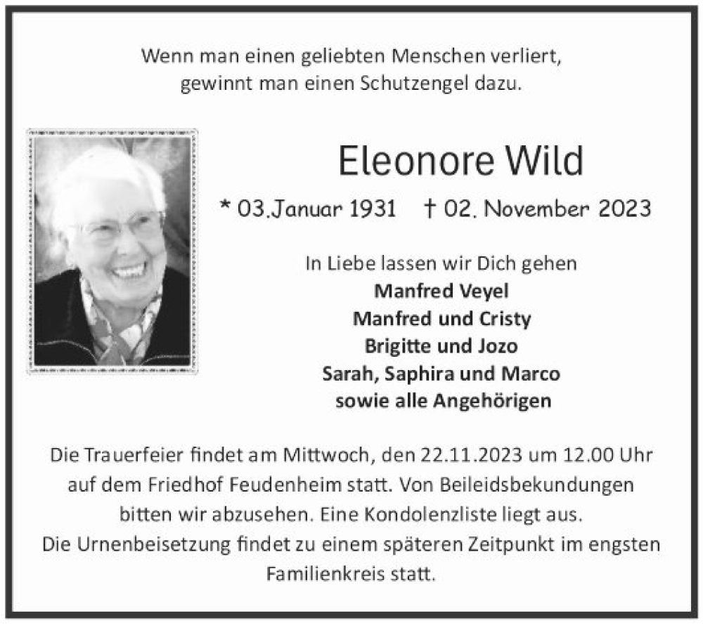  Traueranzeige für Eleonore Wild vom 18.11.2023 aus Mannheimer Morgen