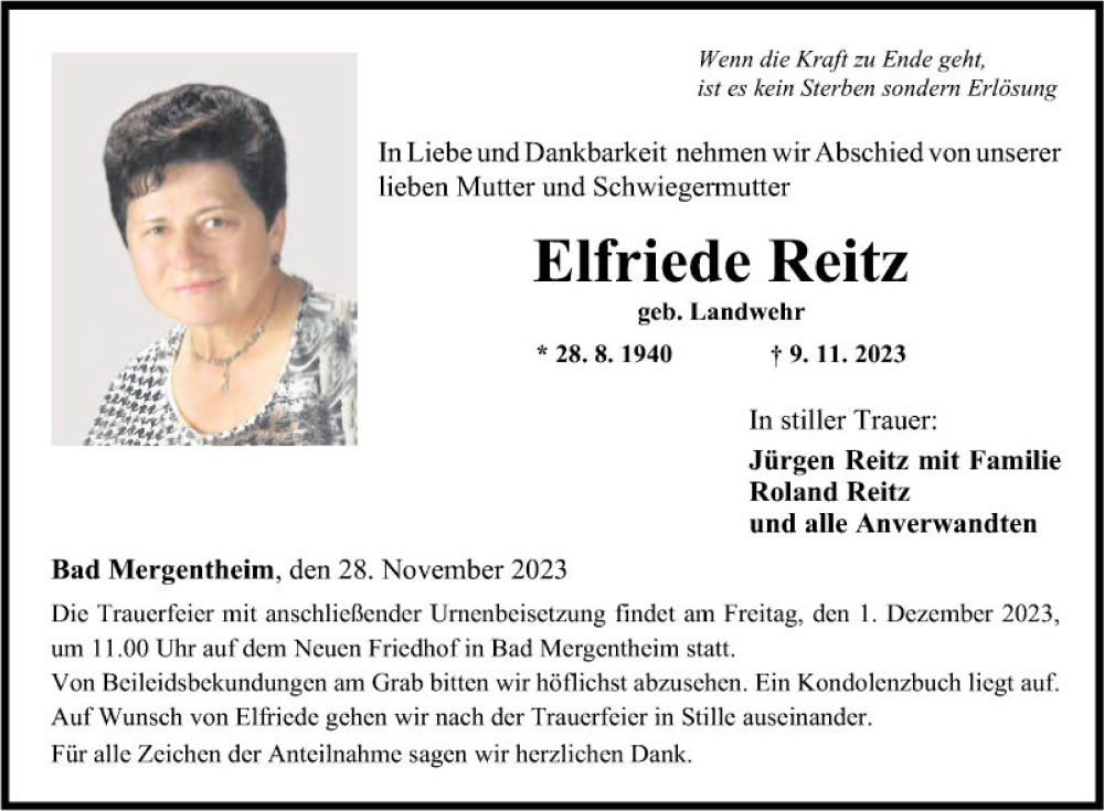  Traueranzeige für Elfriede Reitz vom 28.11.2023 aus Fränkische Nachrichten