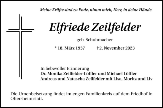 Traueranzeige von Elfriede Zeilfelder von Schwetzinger Zeitung