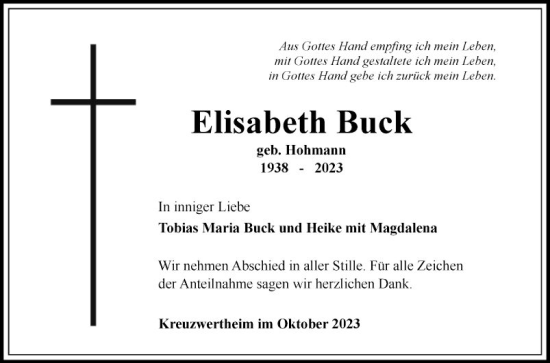 Traueranzeige von Elisabeth Buck von Fränkische Nachrichten