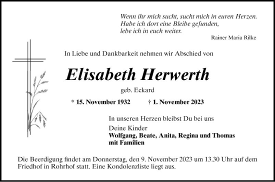 Traueranzeige von Elisabeth Herwerth von Schwetzinger Zeitung