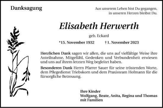 Traueranzeige von Elisabeth Herwerth von Schwetzinger Zeitung