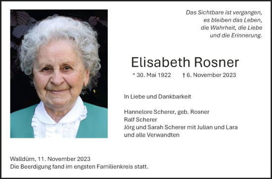 Traueranzeige von Elisabeth Rosner von Fränkische Nachrichten