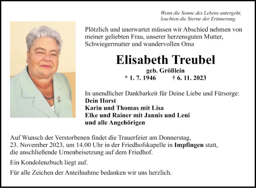  Traueranzeige für Elisabeth Treubel vom 18.11.2023 aus Fränkische Nachrichten