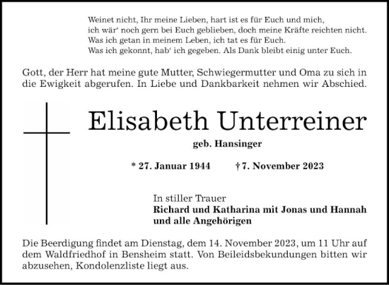 Traueranzeige von Elisabeth Unterreiner von Bergsträßer Anzeiger