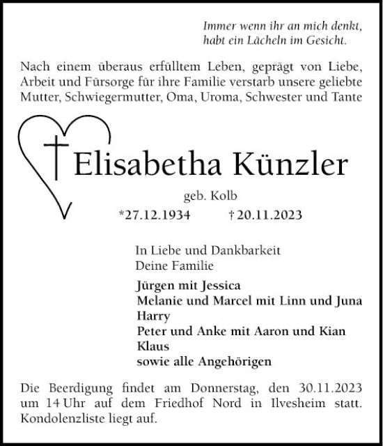 Traueranzeige von Elisabetha Künzler von Mannheimer Morgen