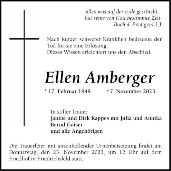 Traueranzeige von Ellen Amberger von Mannheimer Morgen