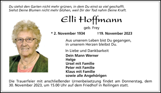 Traueranzeige von Elli Hoffmann von Schwetzinger Zeitung