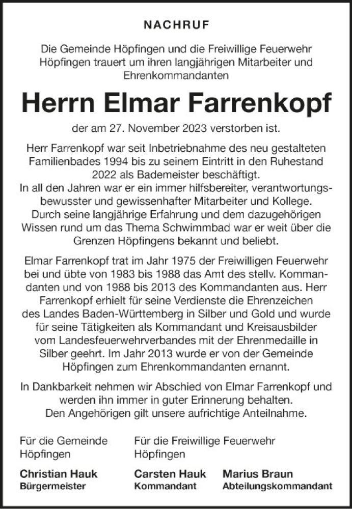  Traueranzeige für Elmar Farrenkopf vom 01.12.2023 aus Fränkische Nachrichten