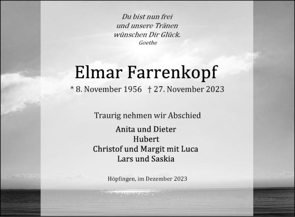  Traueranzeige für Elmar Farrenkopf vom 01.12.2023 aus Fränkische Nachrichten