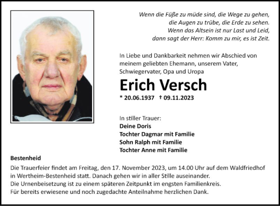 Traueranzeige von Erich Versch von Fränkische Nachrichten