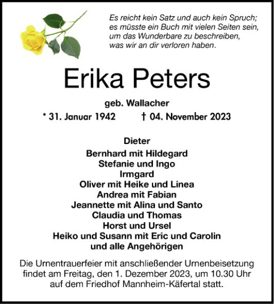 Traueranzeige von Erika Peters von Mannheimer Morgen