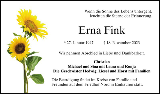 Traueranzeige von Erna Fink von Bergsträßer Anzeiger