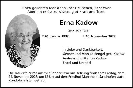 Traueranzeige von Erna Kadow von Mannheimer Morgen