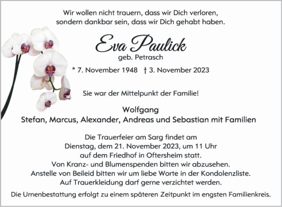 Traueranzeige von Eva Paulick von Schwetzinger Zeitung