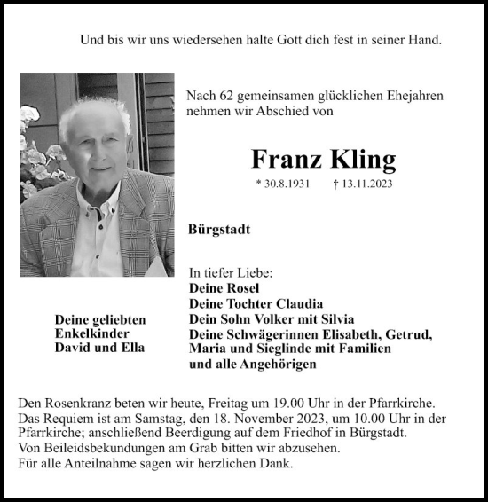 Traueranzeigen Von Franz Kling | Trauerportal Ihrer Tageszeitung