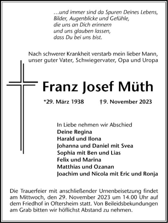 Traueranzeige von Franz Josef Müth von Schwetzinger Zeitung