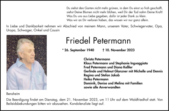 Traueranzeige von Friedel Petermann von Bergsträßer Anzeiger