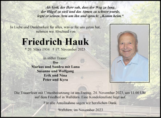 Traueranzeige von Friedrich Hank von Fränkische Nachrichten