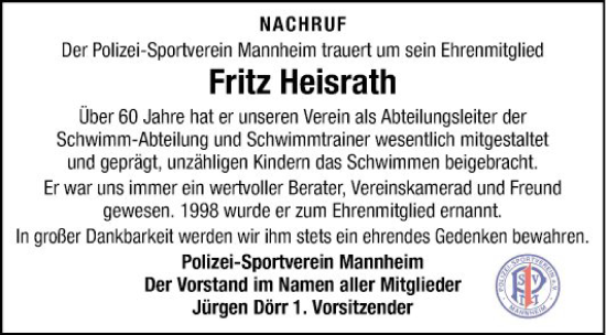 Traueranzeige von Fritz Heisrath von Mannheimer Morgen