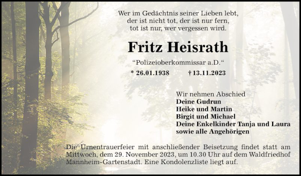  Traueranzeige für Fritz Heisrath vom 18.11.2023 aus Mannheimer Morgen