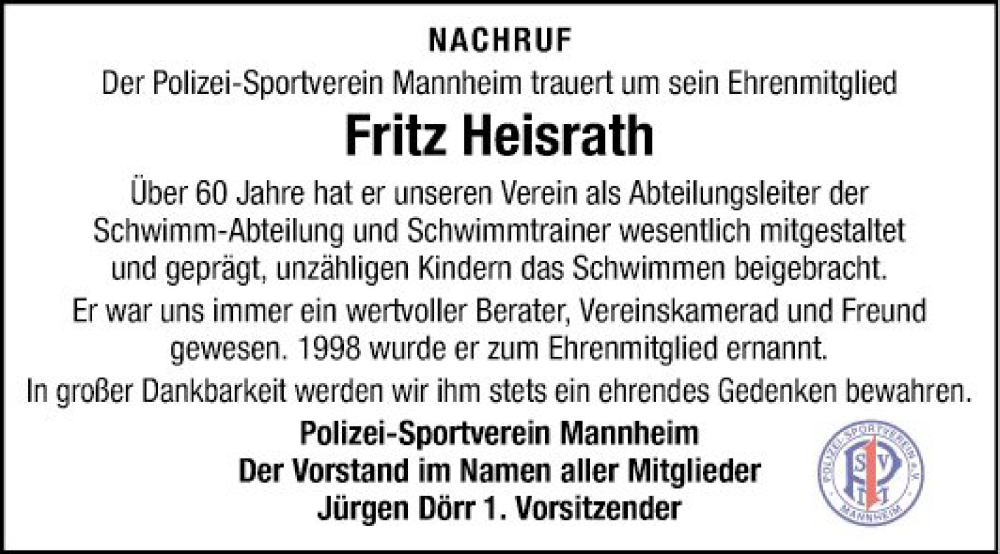  Traueranzeige für Fritz Heisrath vom 29.11.2023 aus Mannheimer Morgen