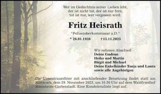 Traueranzeige von Fritz Heisrath von Mannheimer Morgen