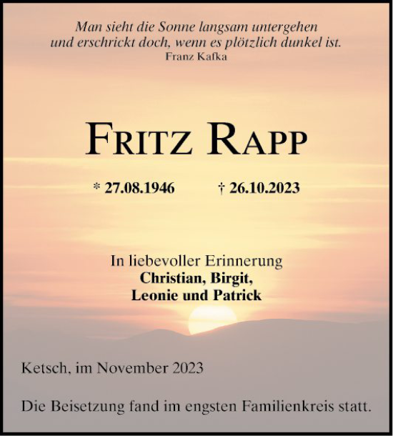 Traueranzeige von Fritz Rapp von Schwetzinger Zeitung