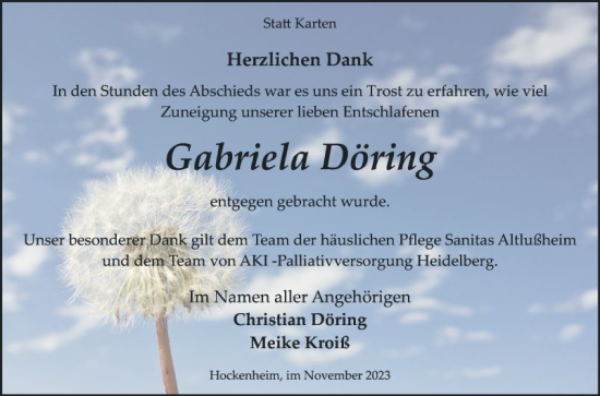 Traueranzeige von Gabriela Döring von Schwetzinger Zeitung