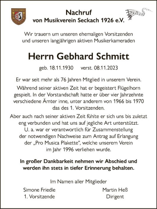 Traueranzeige von Gebhard Schmitt von Fränkische Nachrichten