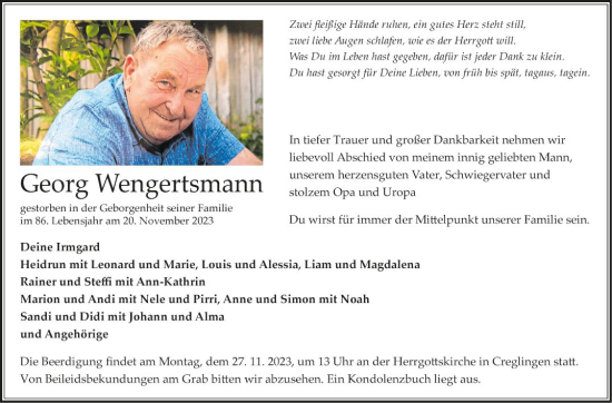 Traueranzeige von Georg Wengertsmann von Fränkische Nachrichten