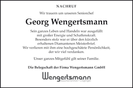 Traueranzeige von Georg Wengertsmann von Fränkische Nachrichten