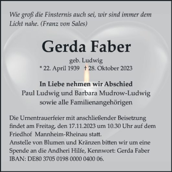 Traueranzeige von Gerda Faber von Mannheimer Morgen