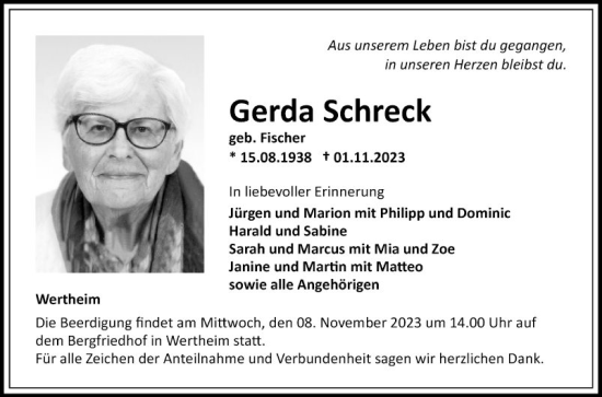 Traueranzeige von Gerda Schreck von Fränkische Nachrichten