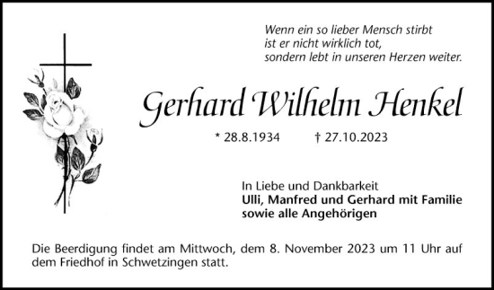 Traueranzeige von Gerhard Wilhelm Henkel von Schwetzinger Zeitung