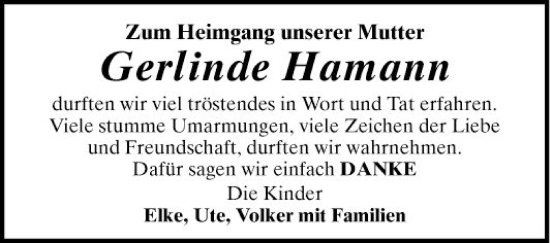 Traueranzeige von Gerlinde Hamann von Mannheimer Morgen