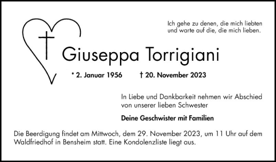 Traueranzeige von Giuseppa Torrigiani von Bergsträßer Anzeiger