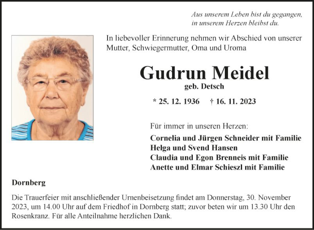 Traueranzeige für Gudrun Meidel vom 27.11.2023 aus Fränkische Nachrichten