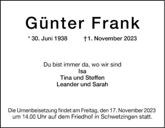 Traueranzeige von Günter Frank von Schwetzinger Zeitung