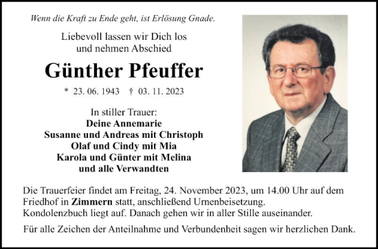 Traueranzeige von Günther Pfeuffer von Fränkische Nachrichten