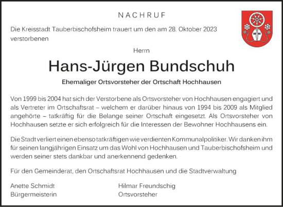 Traueranzeige von Hans-Jürgen Bundschuh von Fränkische Nachrichten