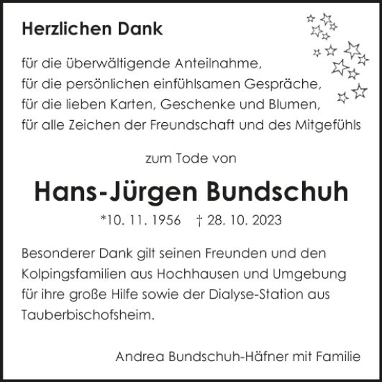 Traueranzeige von Hans-Jürgen Bundschuh von Fränkische Nachrichten