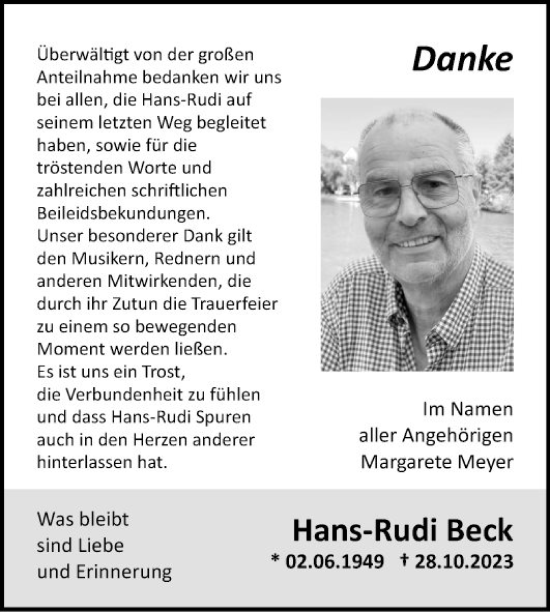 Traueranzeige von Hans-Rudi Beck von Fränkische Nachrichten