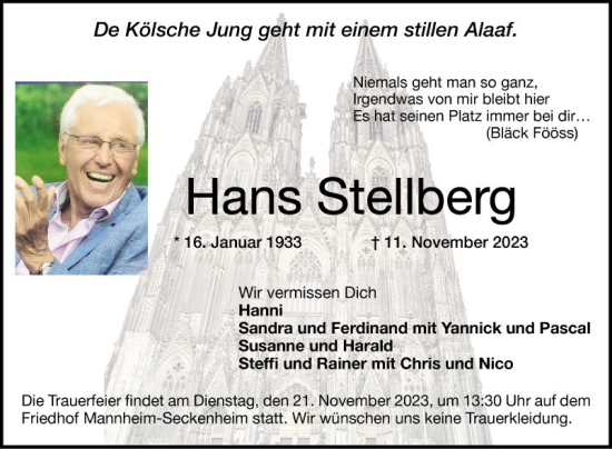 Traueranzeige von Hans Stellberg von Mannheimer Morgen