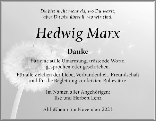 Traueranzeige von Hedwig Marx von Schwetzinger Zeitung